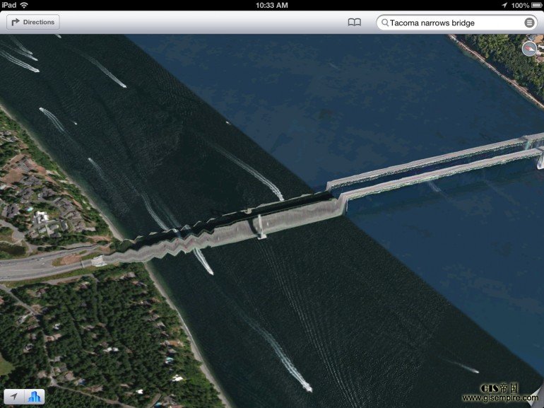 Tacoma Narrows Bridge in Washington State as it appears in Apple's maps app